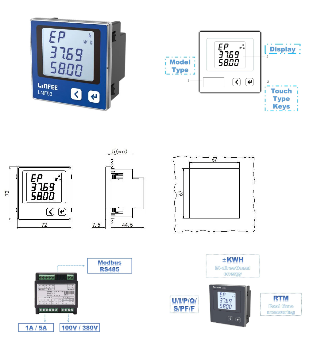 LCD Display RS485 3 Phase Modbus Multifunction Panel Energy Meter