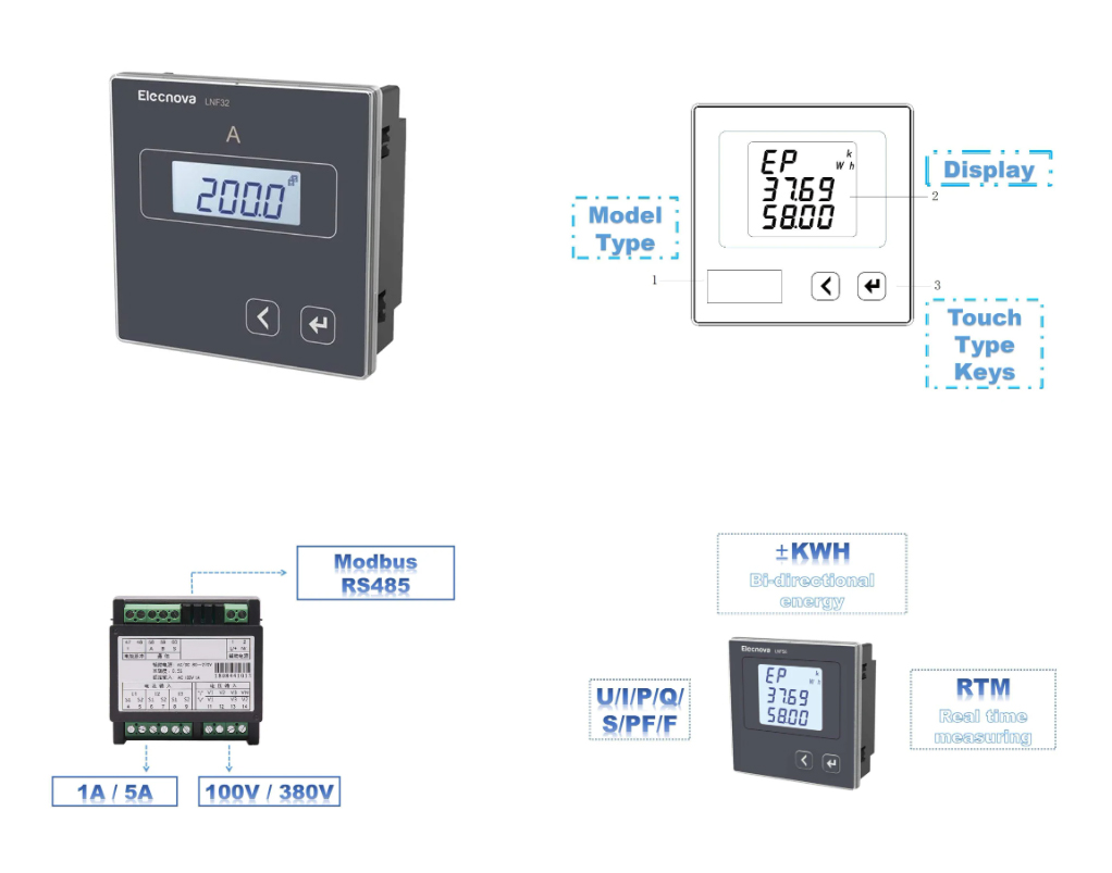 9696mm Single Phase UltraThin Design Ammeter with Modbus RS485 Digital Panel Mounted LCD AC Ampere Meter