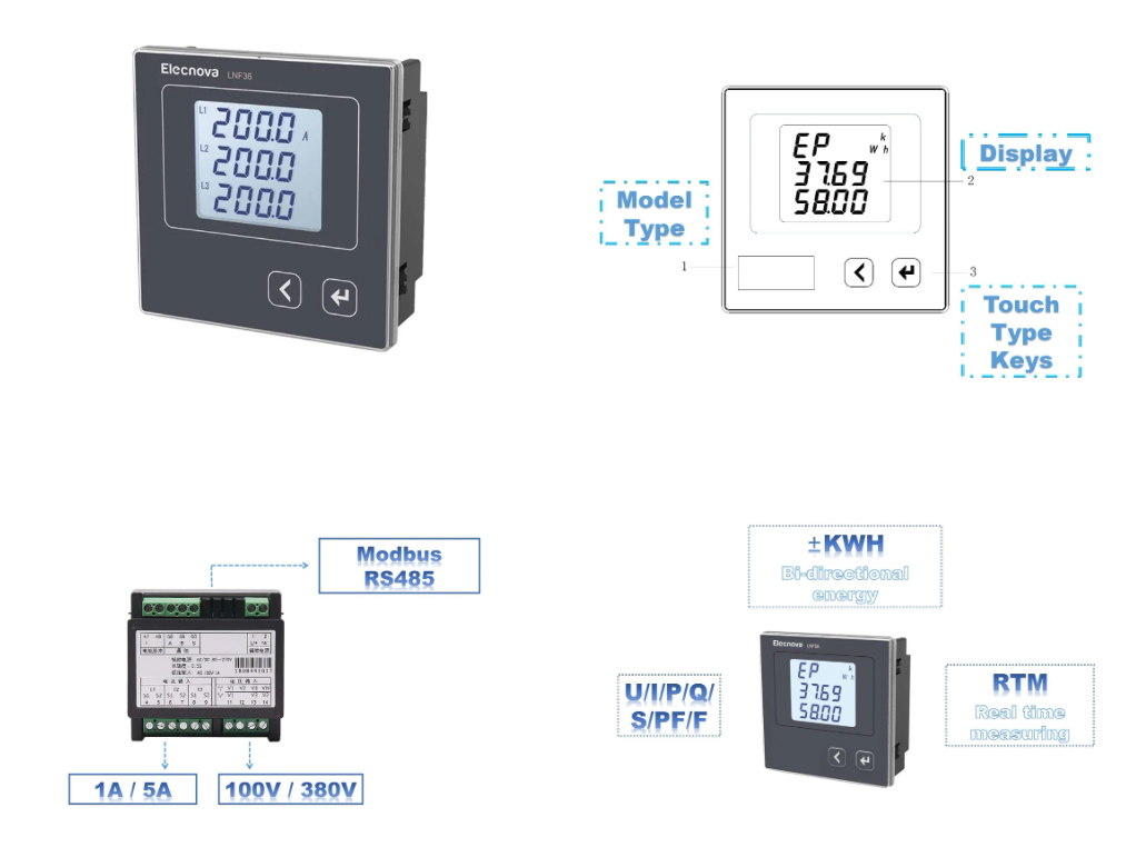 LCD Display 9696mm Power Meter Sensor Three Phase AC Current Digital Panel Mounted Ampere Meter