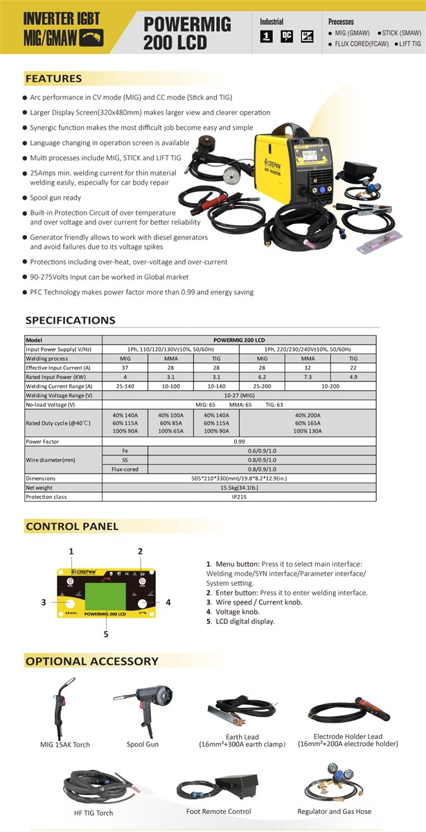 Crepow POWERMIG200LCD Inverter Multi Function MIGSTICK TIG with LCD