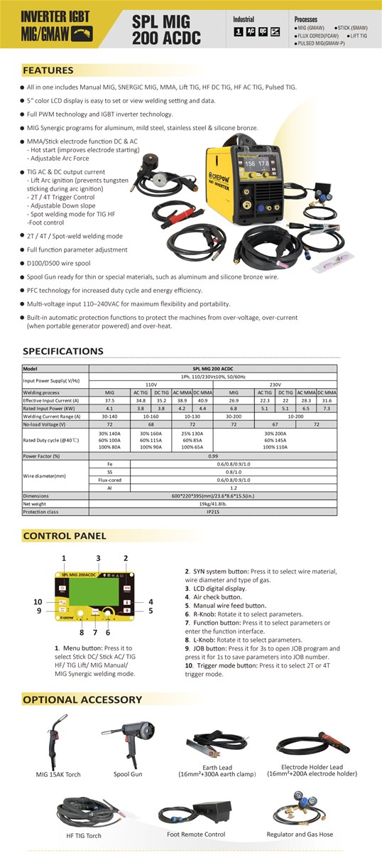 Crepow 4 in 1 Inverter Multi Function MIGSTICKAC TIGDC TIG