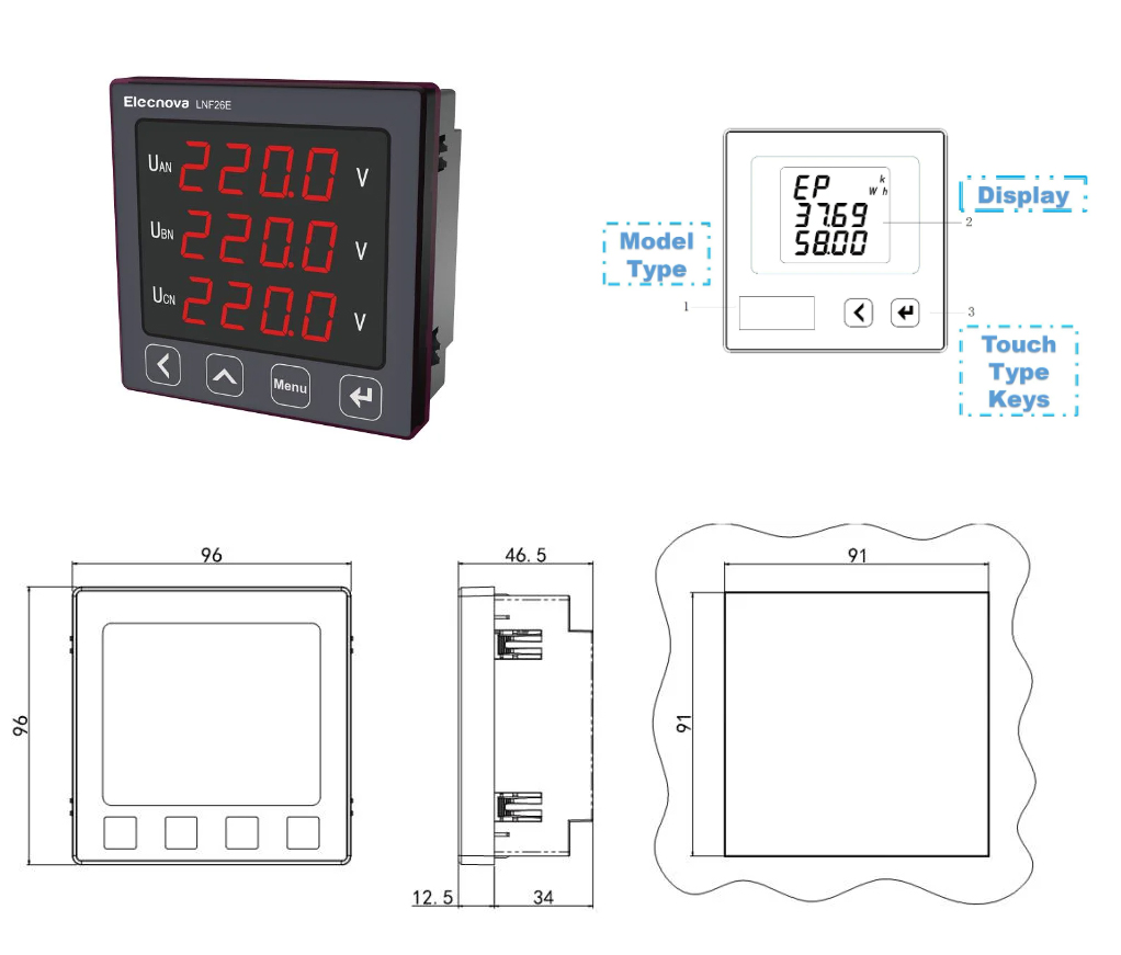 9696mm LED Display Three Phase Panel Mounted AC Digital Voltmeter Power Meter