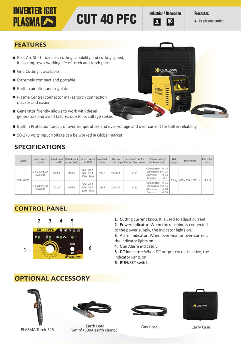 Crepow Inverter CUT40 PFC air plasma cutting machine