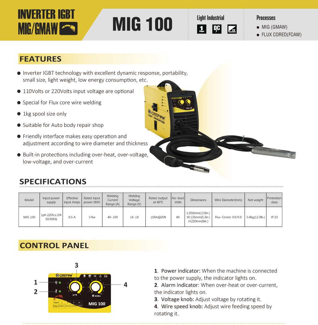 Crepow MIG100 Portable Gasless MIG welder with D100 wire spool size