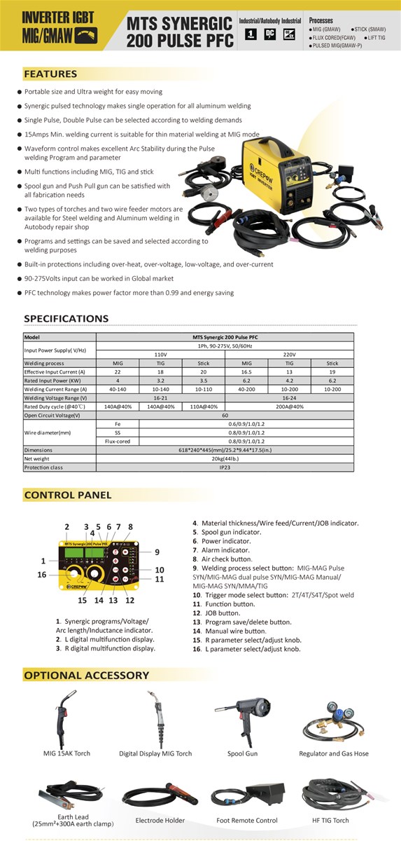 Crepow MULTIMIG200 PULSE PFC Inverter Multi Function MIGSTICKLIFT TIG with PFC