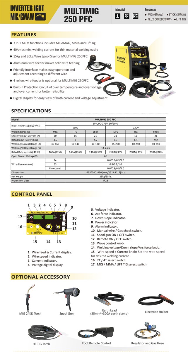 Crepow MULTIMIG250 PFC Inverter Multi Function MIGSTICKLIFT TIG with PFC