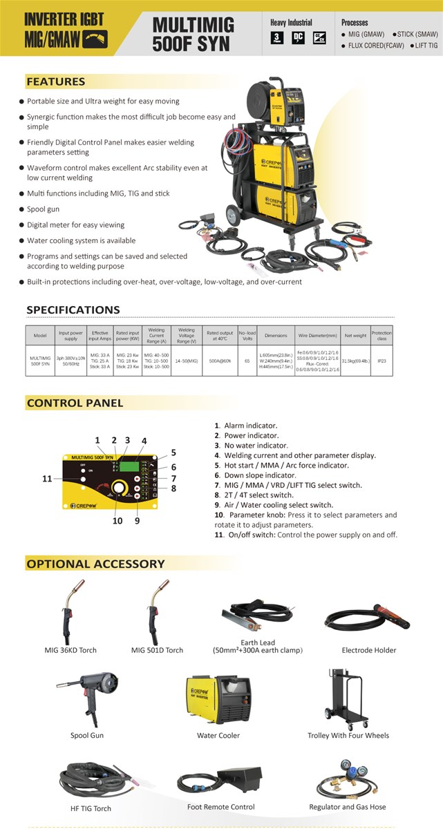 Crepow MULTIMIG500F SYN Inverter Multi Function MIGSTICKLIFT TIG