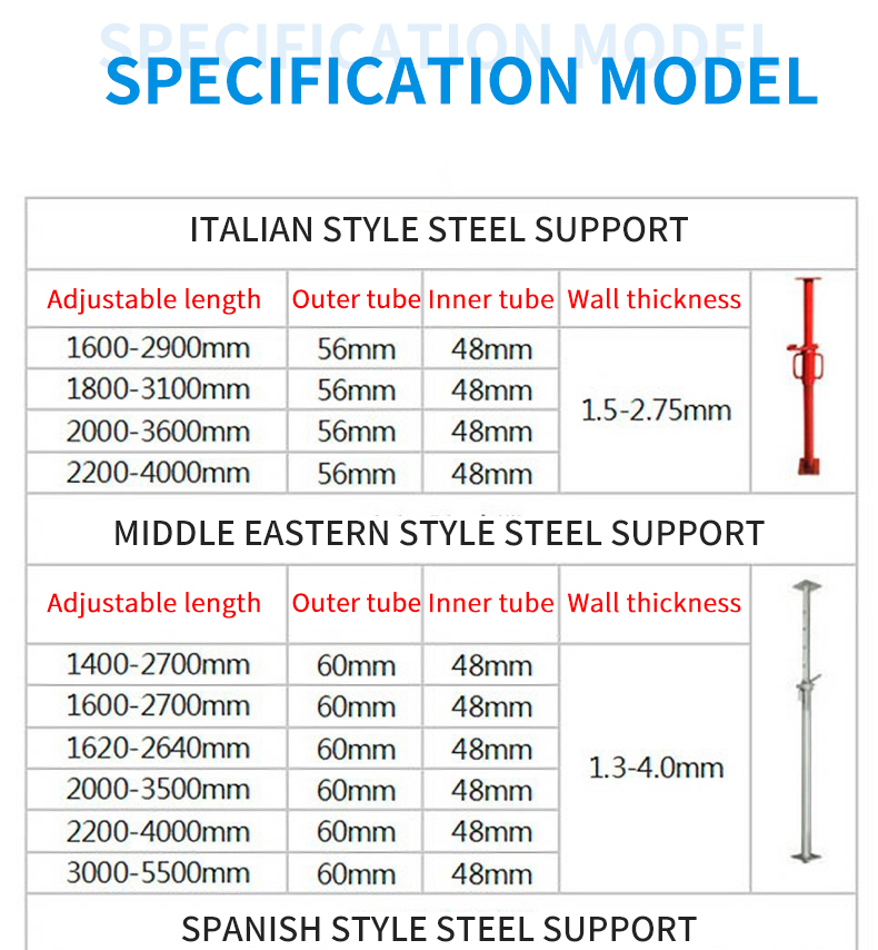 Sprayed steel support Adjustable diagonal support Tripod building accessories