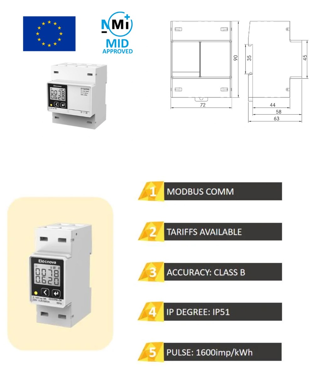 MID Certification Approval Plugin Power Meter 3 Phase DIN Rail Mounted RS485 MID Digital Energy Meter