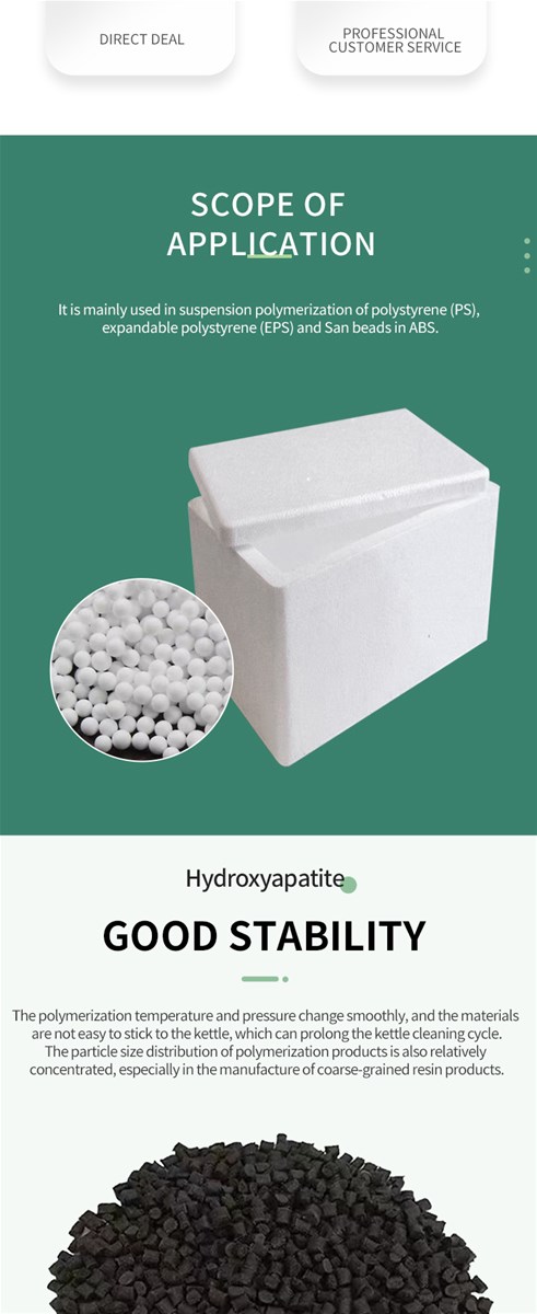 Suspension polymerization disperse hydroxyapatite is mainly used in the suspension polymerization of polystyrene PS