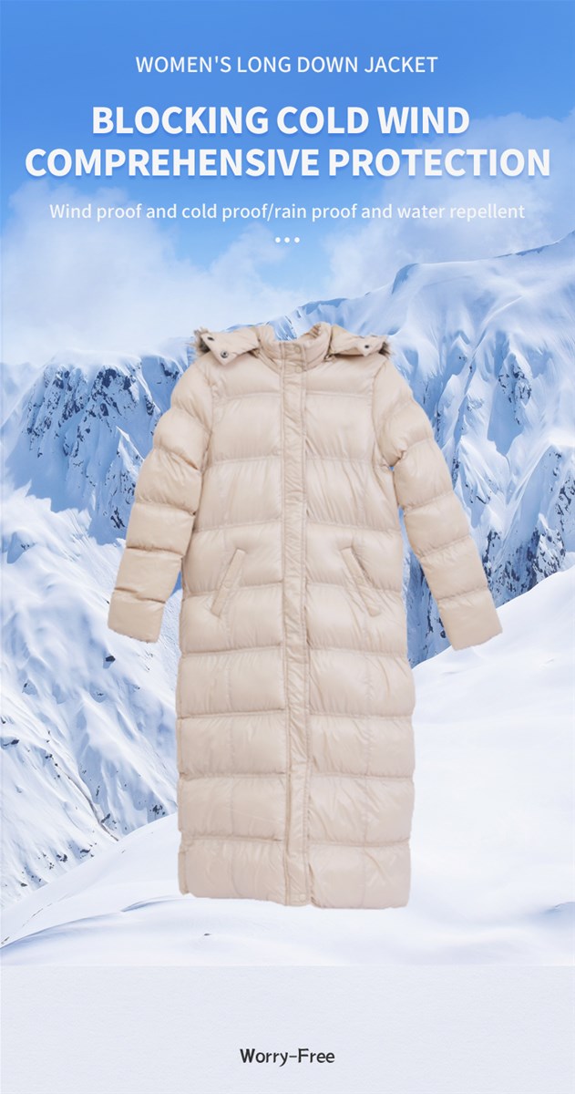 Ladies beige long down jacket to keep warm