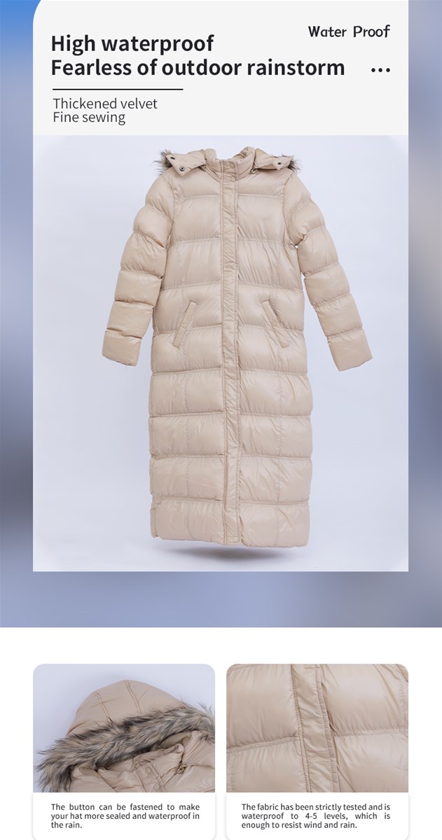 Ladies beige long down jacket to keep warm