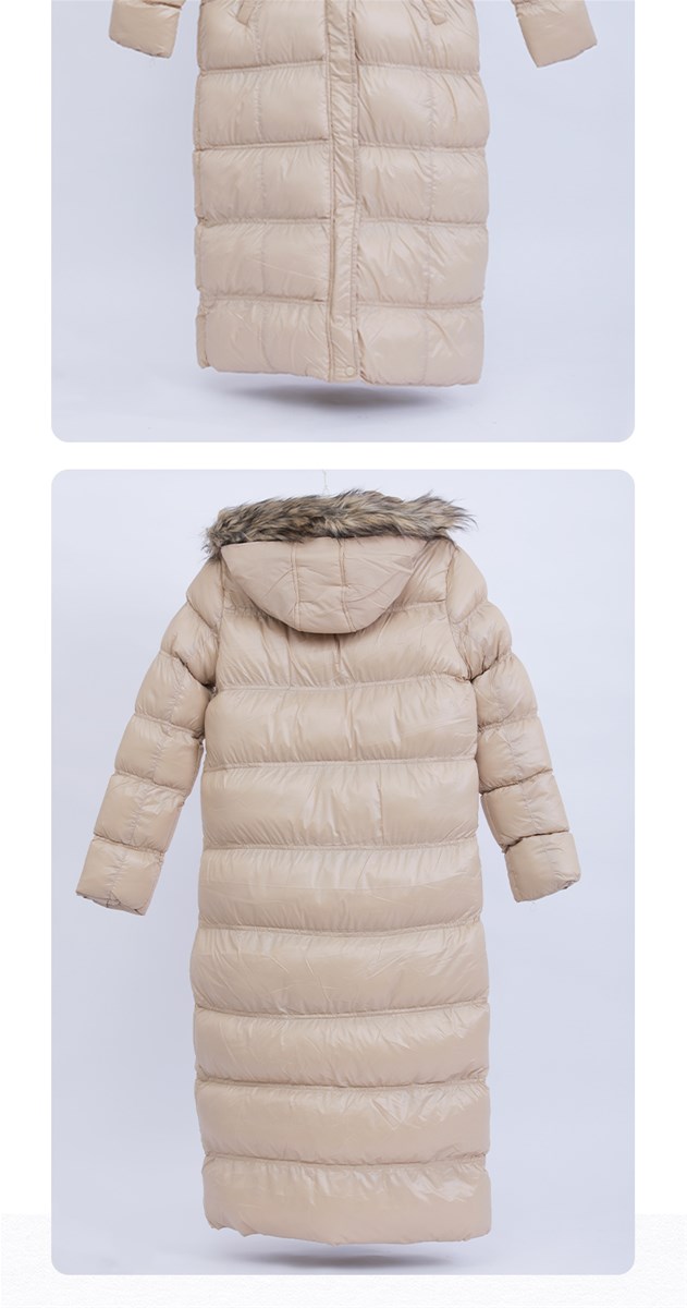 Ladies beige long down jacket to keep warm