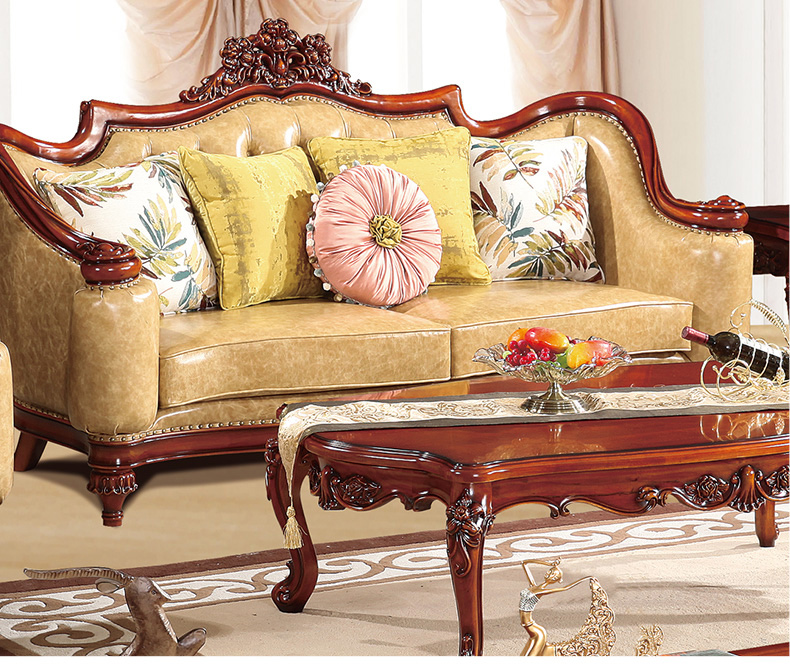 European leather sofa neoclassical villa highend luxury living room large solid wood cowhide furniture