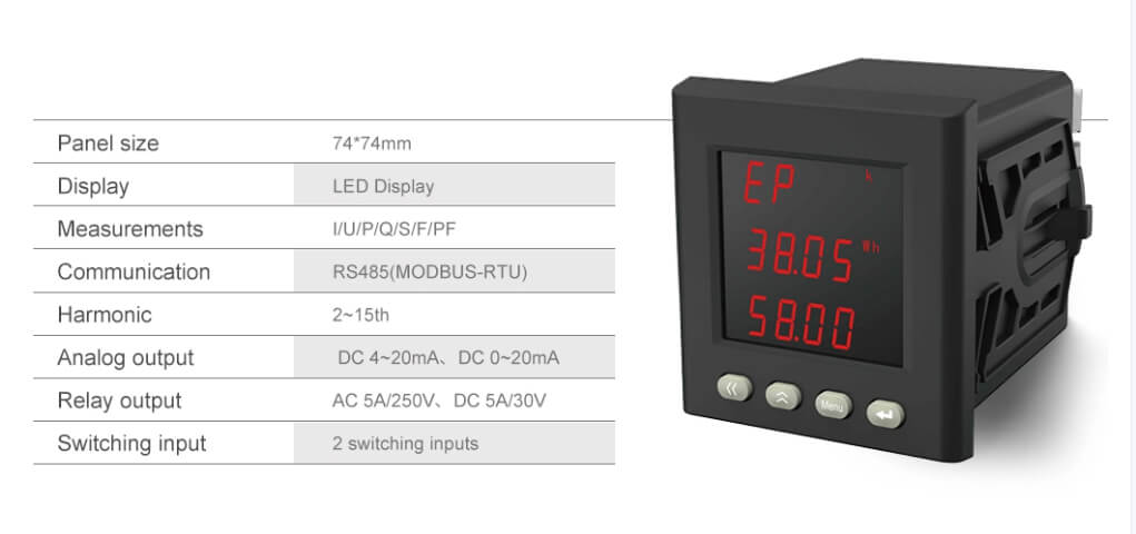 7474mm LED Display Metering TwoWay Electric Energy and FourQuadrant Reactive Energy Thd Multifunctional Power Meter