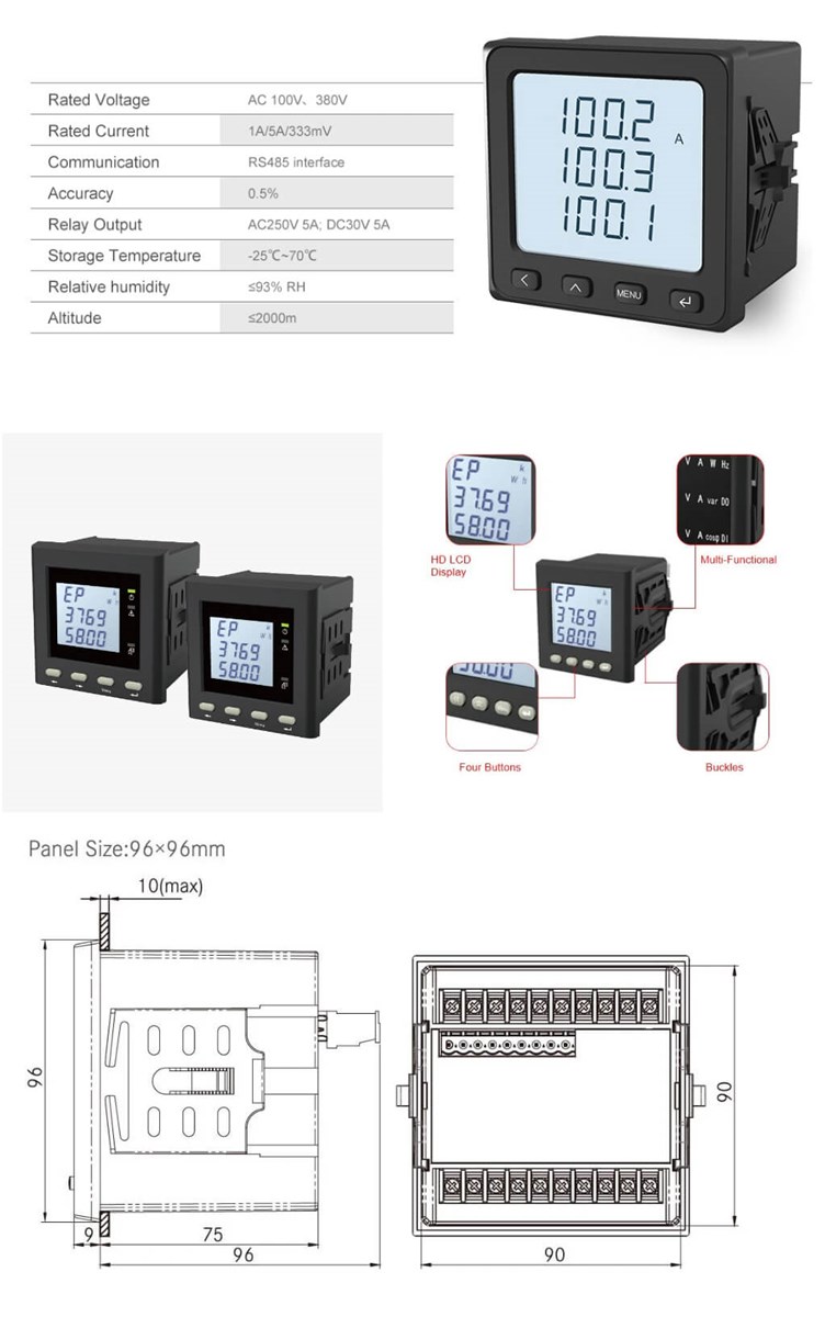 Factory Direct LCD Display Three Phase Multifunctional Power Volt Meter Digital Ampere Meter