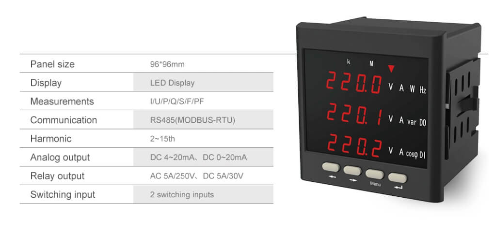 LED Digital Display RS485 3 Phase 215th Harmonic Voltmeter Ammeter Dual Multifunctional Power Meter