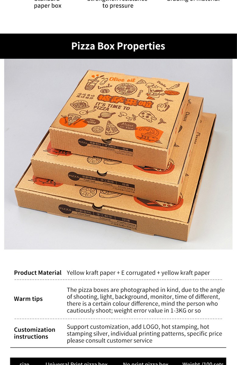 Corrugated pizza box Sizes and patterns can be customised