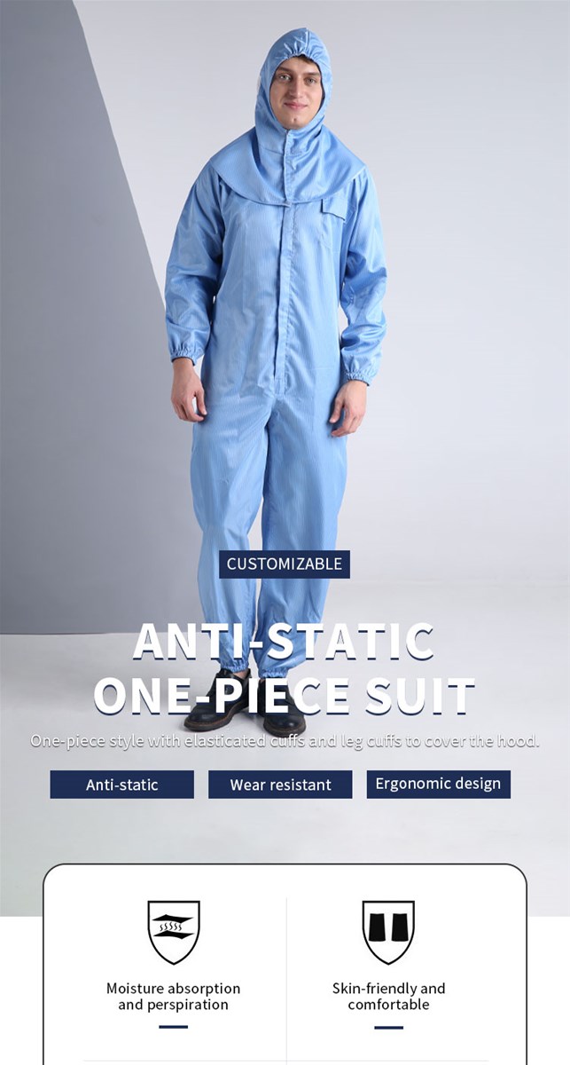 Anti static one piece clothing is one piece style and the cuffs and cuffs are covered with a hood with elastic tighteni