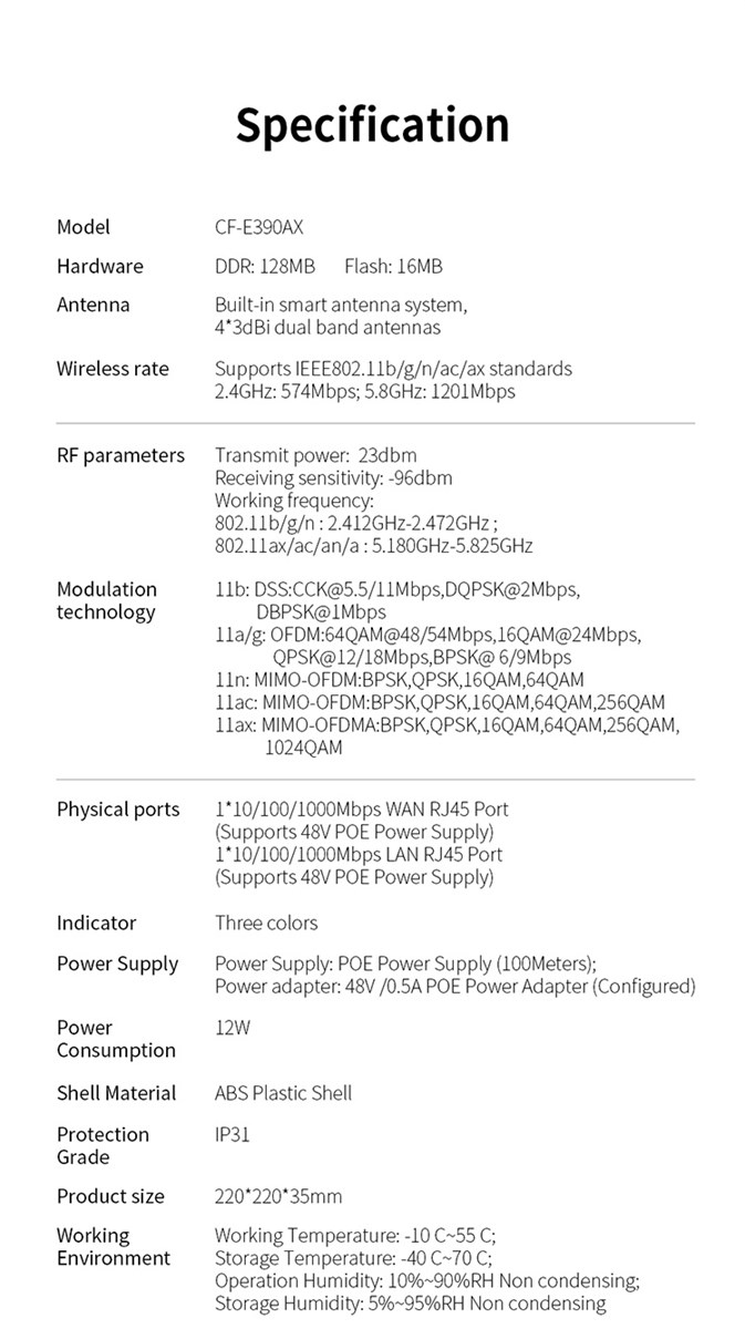 CFE390AX WiFi 6 Ceiling Access Point 1800Mbps 24GHz 58GHz 80211AX Gigabit Wireless AP WiFi Access Point