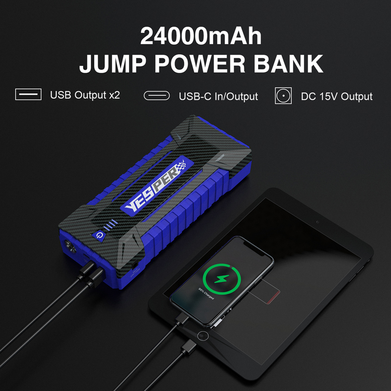 Yesper New Design 24000mAh Portable Power Bank 12V Fast Charger Jump Starter for Camping