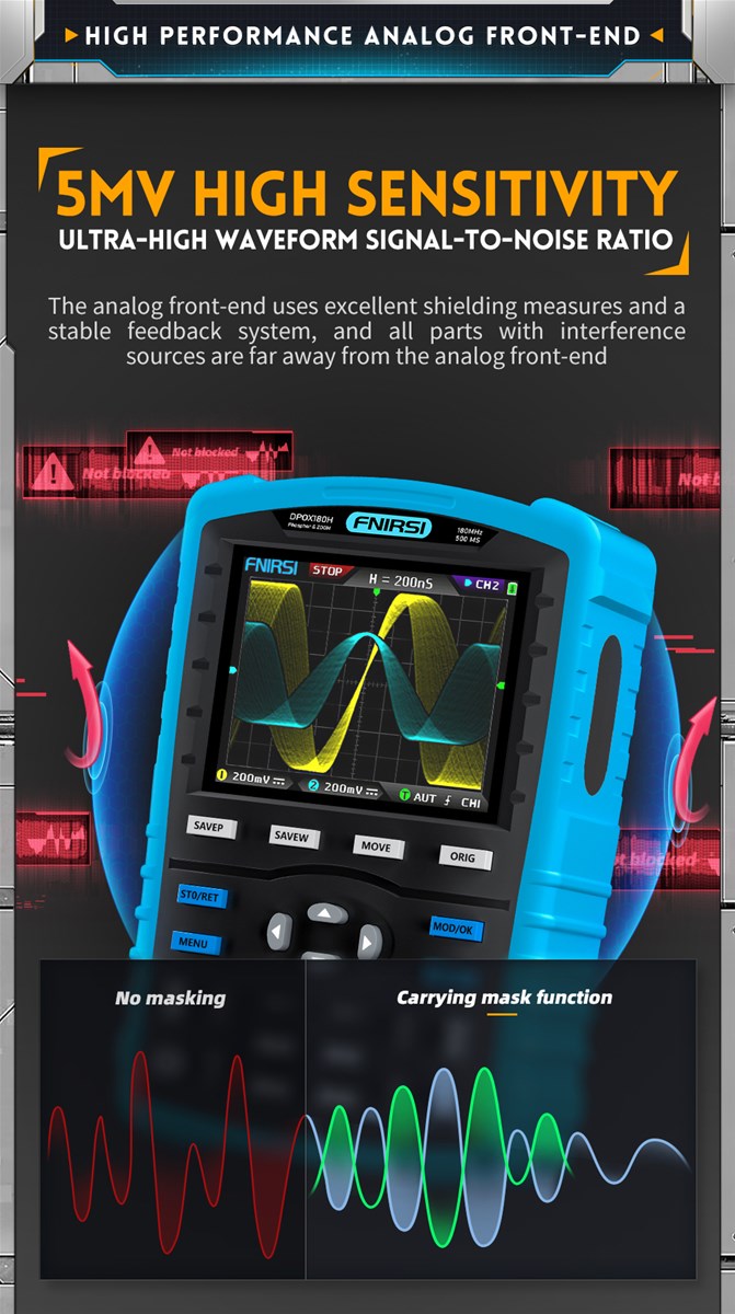 FNIRSI DPOX180H Handheld Phosphor Digital Oscilloscope 180MHz Dual Channel 20Mhz Signal Generator