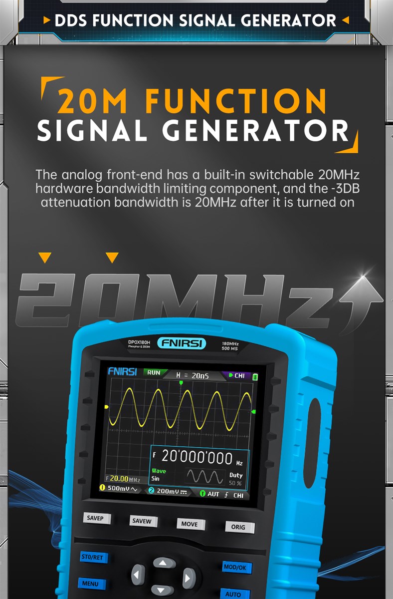 FNIRSI DPOX180H Handheld Phosphor Digital Oscilloscope 180MHz Dual Channel 20Mhz Signal Generator