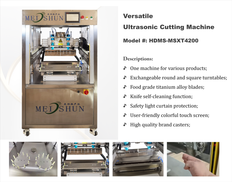 Automatic knife washing ultrasound cutting machine to cut round square triangle mousse cake and other bread pastry slice