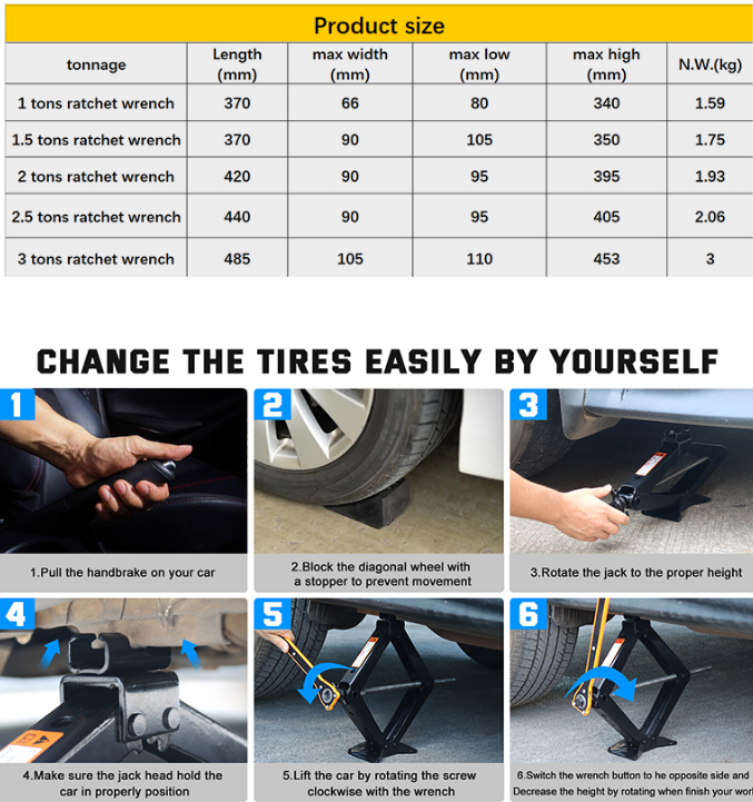 3 Ton Scissor Jack with Ratchet Wrench for Car Lift