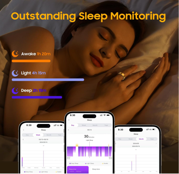 Hantiansheng Smart Ring Wearable Fitness Ring Health Tracker Sleep Tracking Heart Rate Fitness Tracker 57 Days Batt