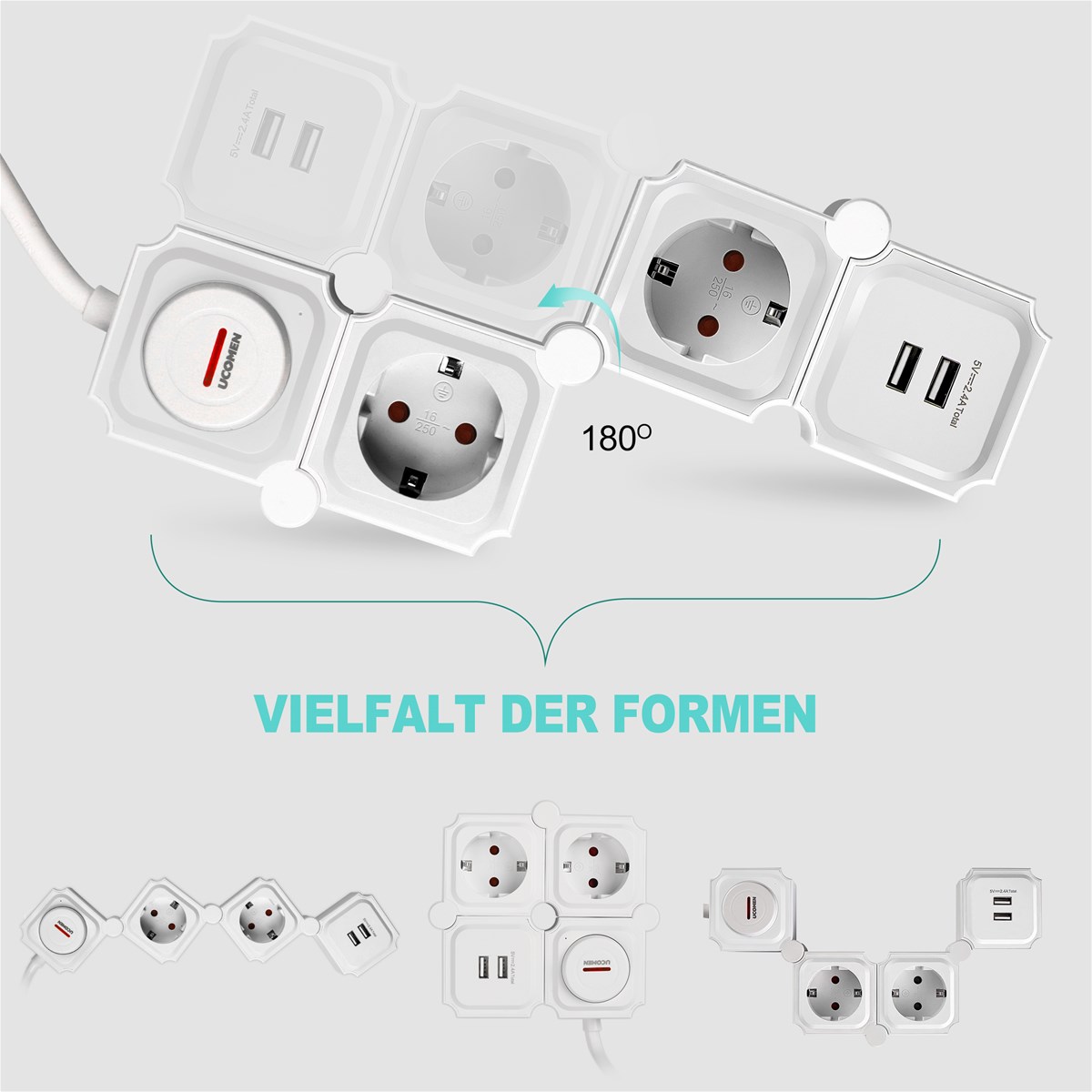 eu plug 250V USB electrical switches power socket european flexible bending pivot surge protector power strip