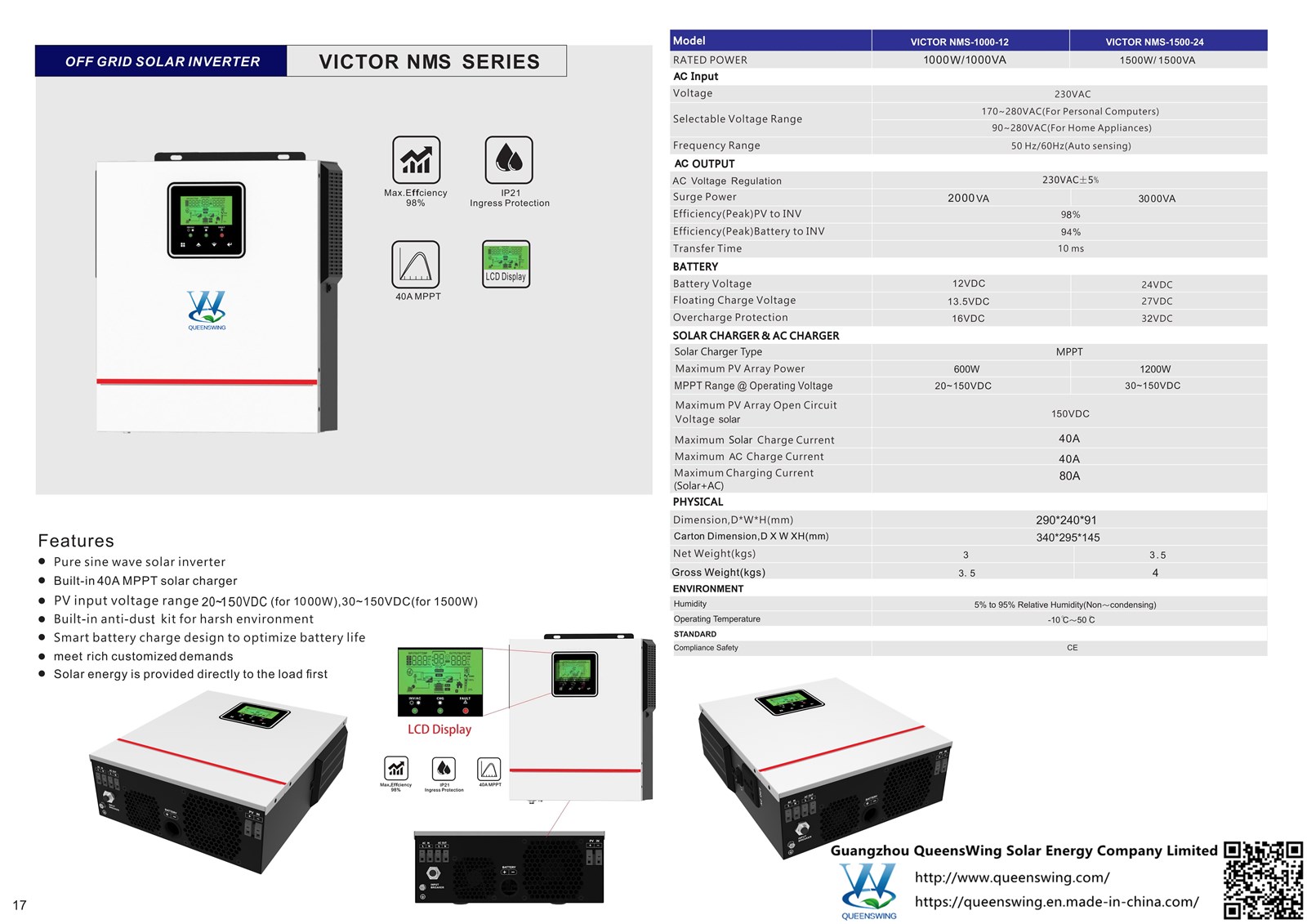 1KVA1KW 12VDC 230VAC Pure Sine Wave 40A MPPT Hybrid Solar Power Inverter with 600W PV input 20150VDC