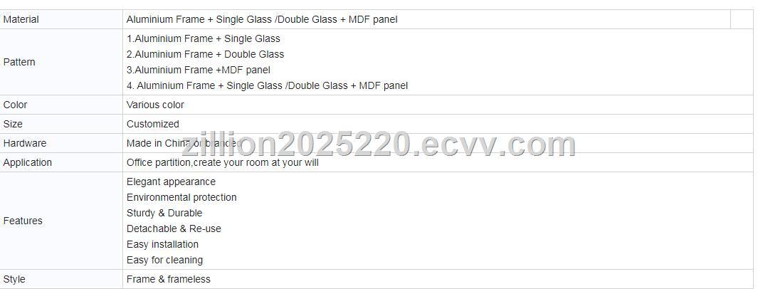 Commercial Furniture Office Partition Glass Wall Living Room Thickness Tempered Glass Division Wal