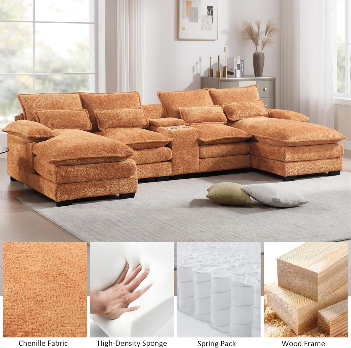 125 U Cloud Modular Sectional Sofa with Chaise Lounges Chenille Upholstered Comfy Couch with Storage Console