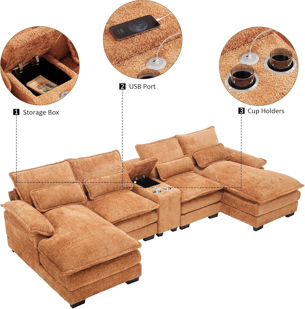 125 U Cloud Modular Sectional Sofa with Chaise Lounges Chenille Upholstered Comfy Couch with Storage Console