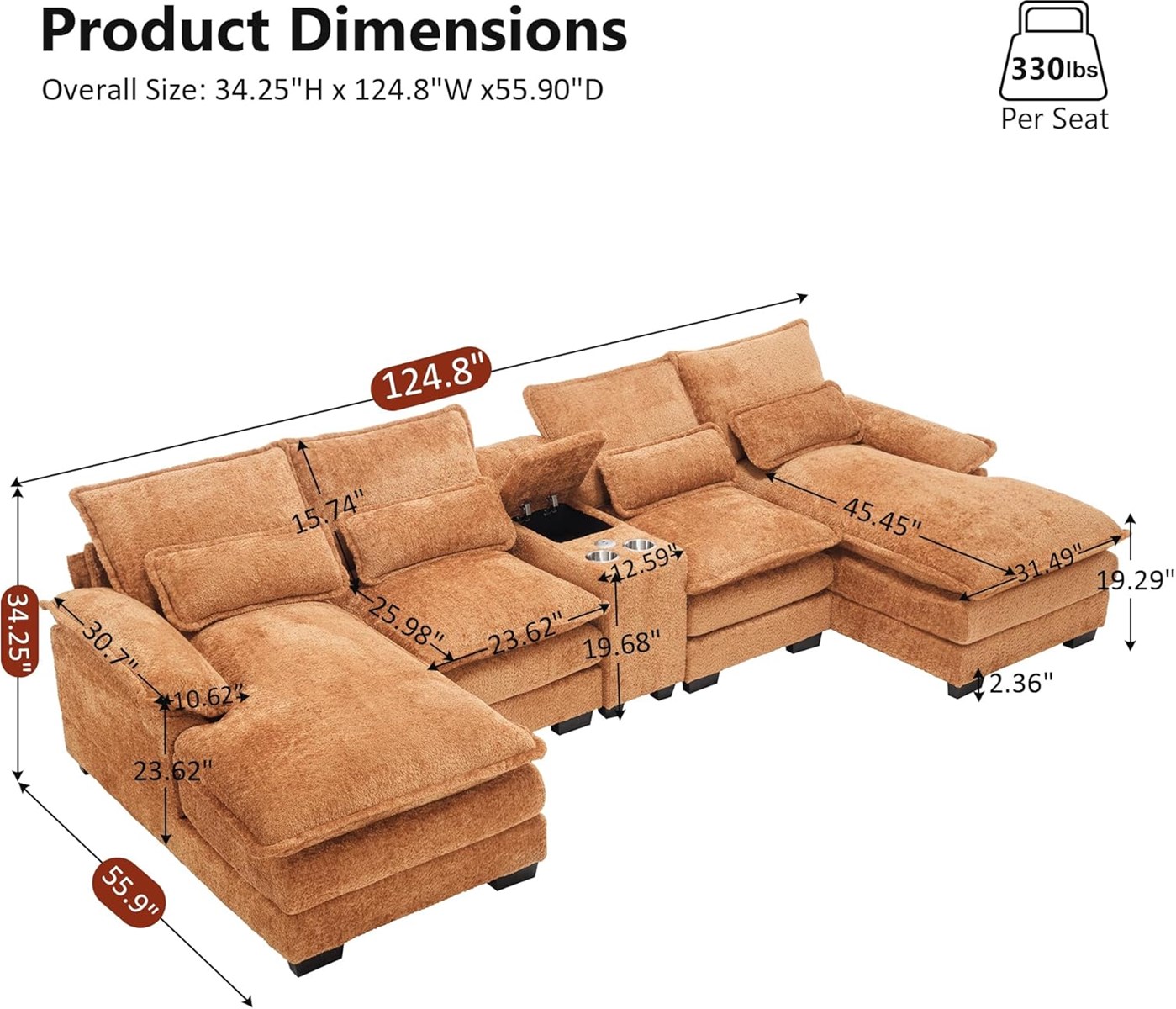 125 U Cloud Modular Sectional Sofa with Chaise Lounges Chenille Upholstered Comfy Couch with Storage Console