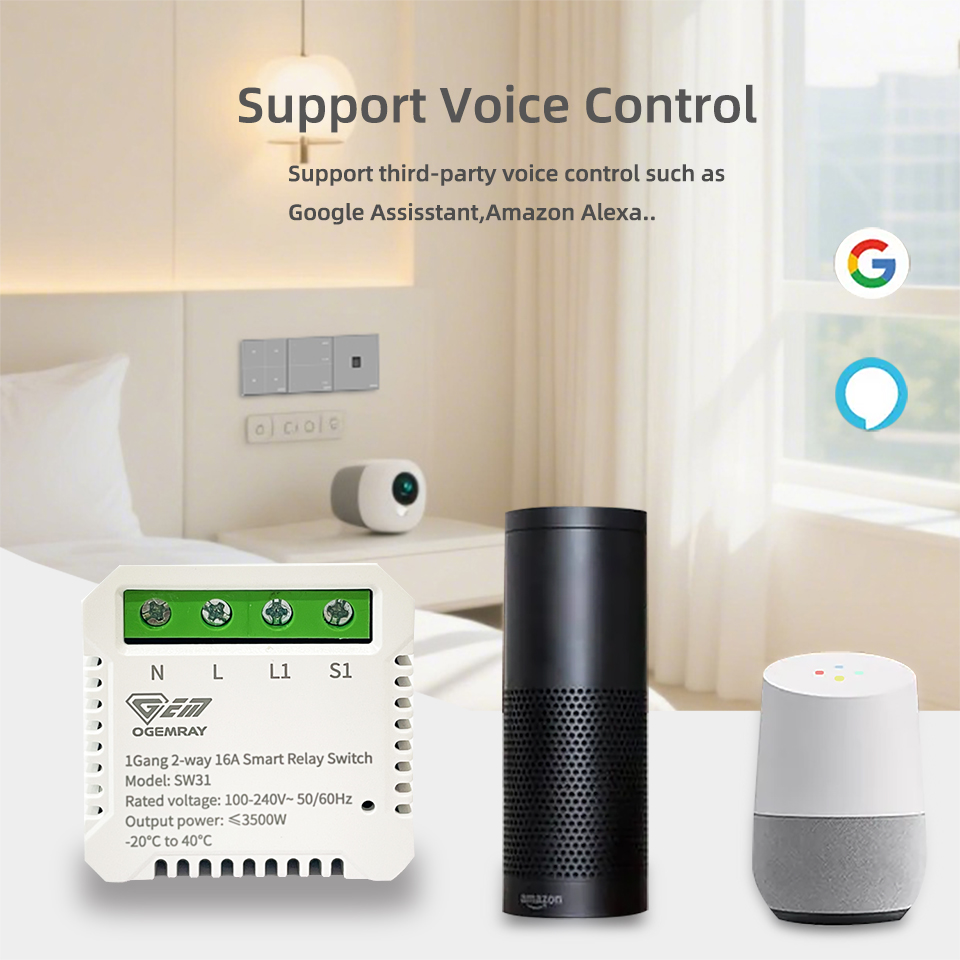 Top quality 30A 4500W 1 Gang 2 way WiFi smart remote control relay switch support APP Voice control Alexa Google