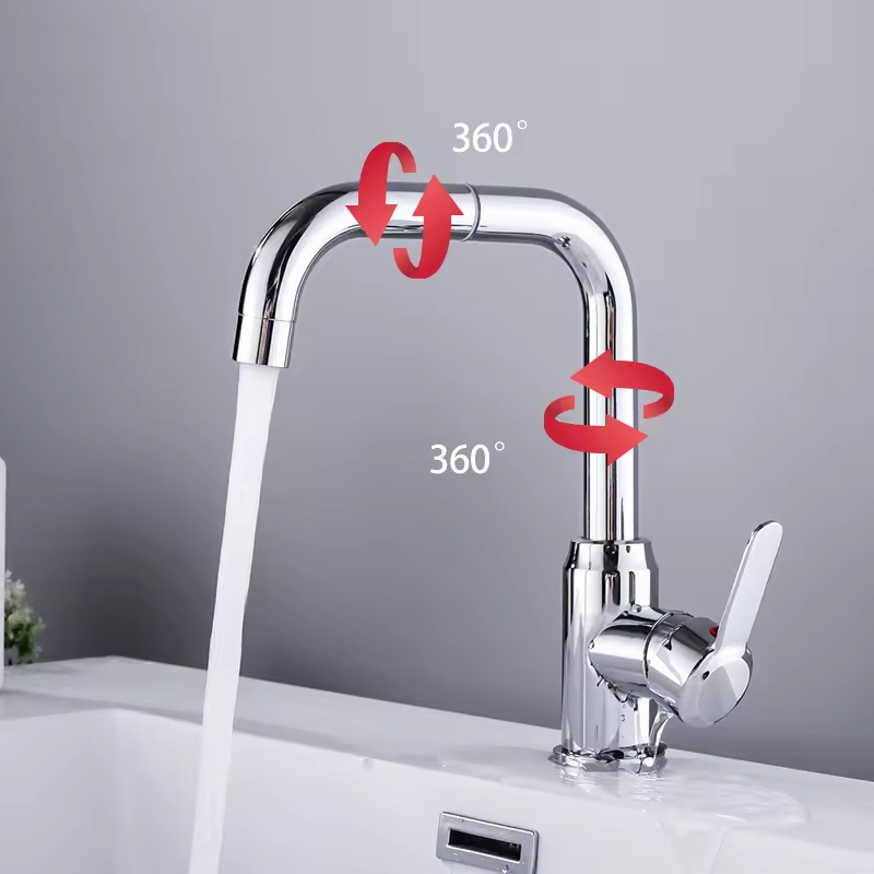 Stainless Steel Single Handle Basin Faucet Single Hole Rotation Cycle Whole Turn Bathroom Basin Water Tap