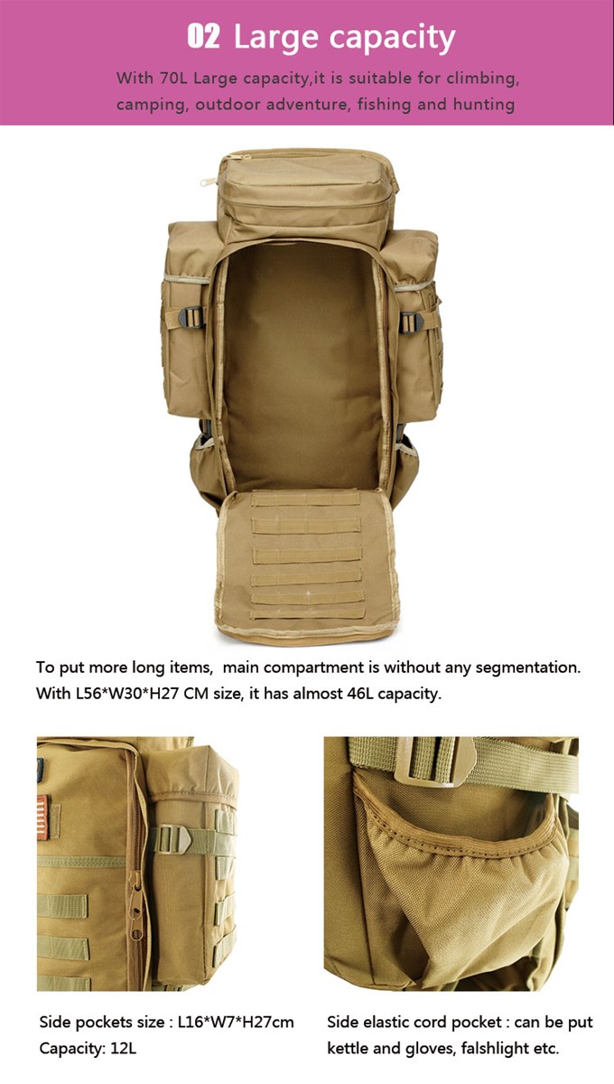 Outdoor Hunting Black Tactical Backpack Large Capacity 70L 100 cotton fivecolor 10pcslotdrop shipping