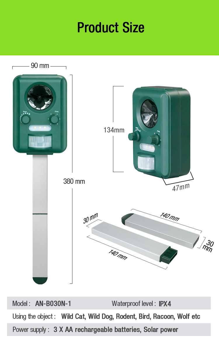Solar Animal Repellent Ultrasonic Flashing for Cat Dog Deer Fox Bird IPX4 Waterproof with CE RoHS