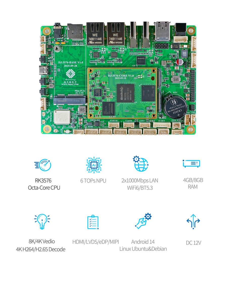 Rockchip RK3576 AIoT Single board computer Octacore Embedded ARM Main board Android 14 and Dual LAN