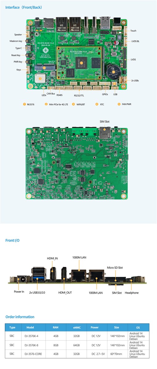 Rockchip RK3576 AIoT Single board computer Octacore Embedded ARM Main board Android 14 and Dual LAN